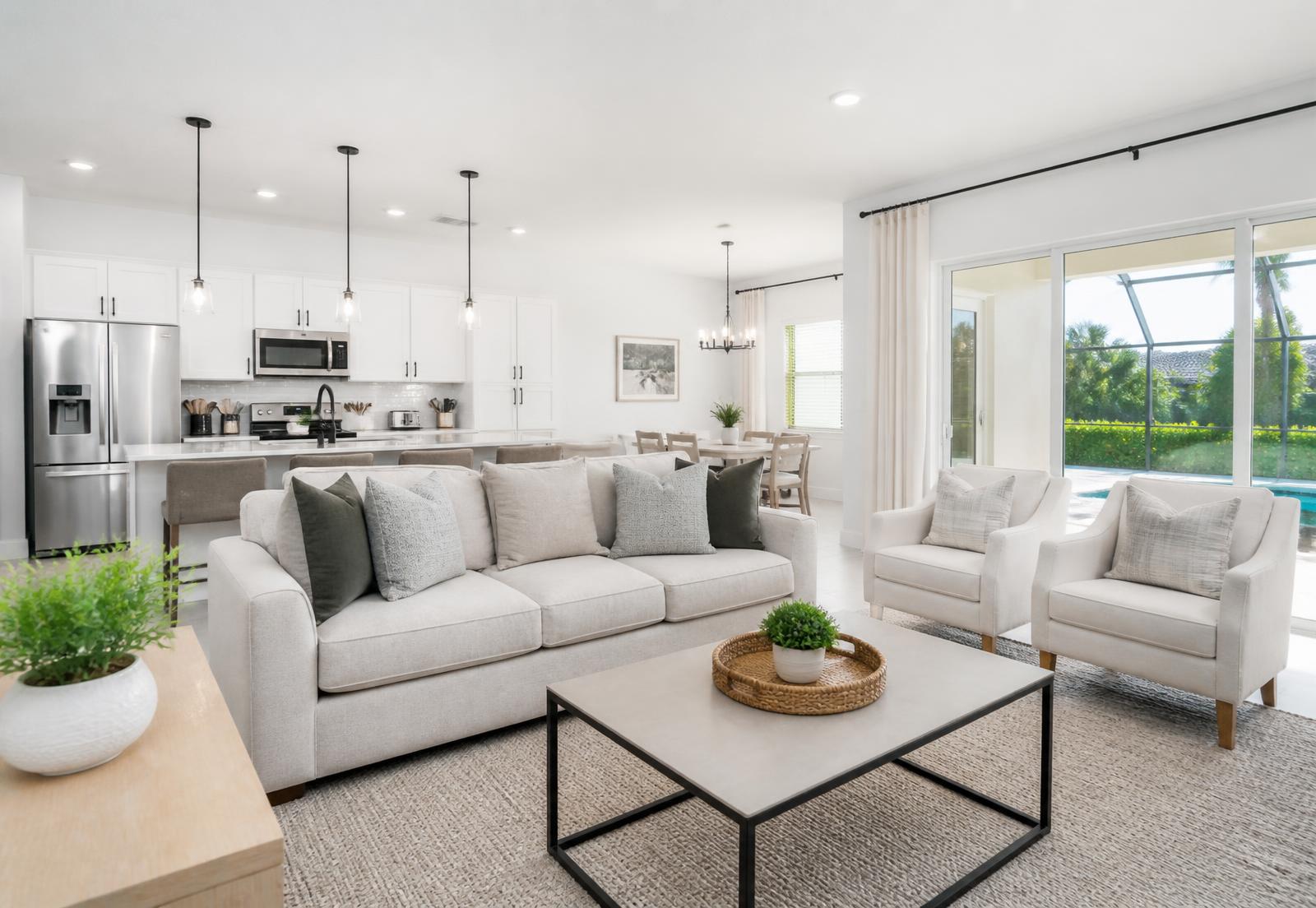 Bright, professionally cleaned Orlando vacation rental living room and kitchen